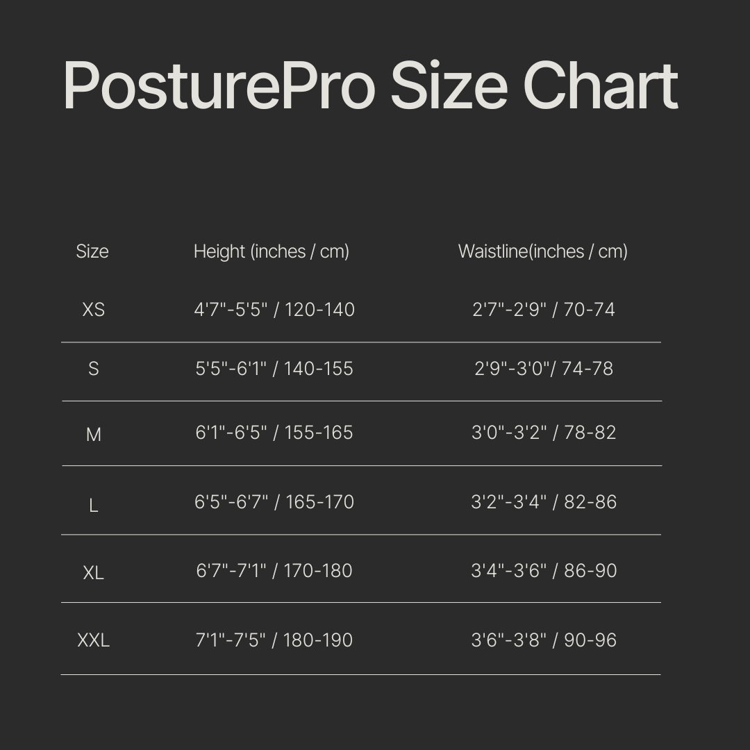 PosturePro size chart